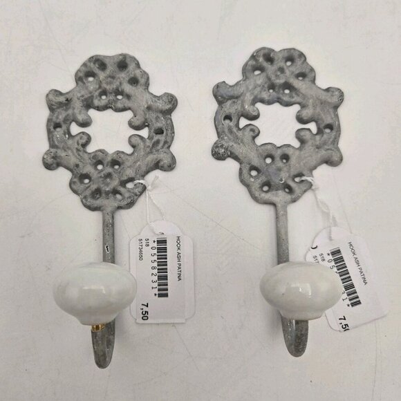 Vintage Cast Iron Wall Hooks with Ceramic Tip Rustic Ash Patina Coat Hat Hanger - Picture 1 of 11